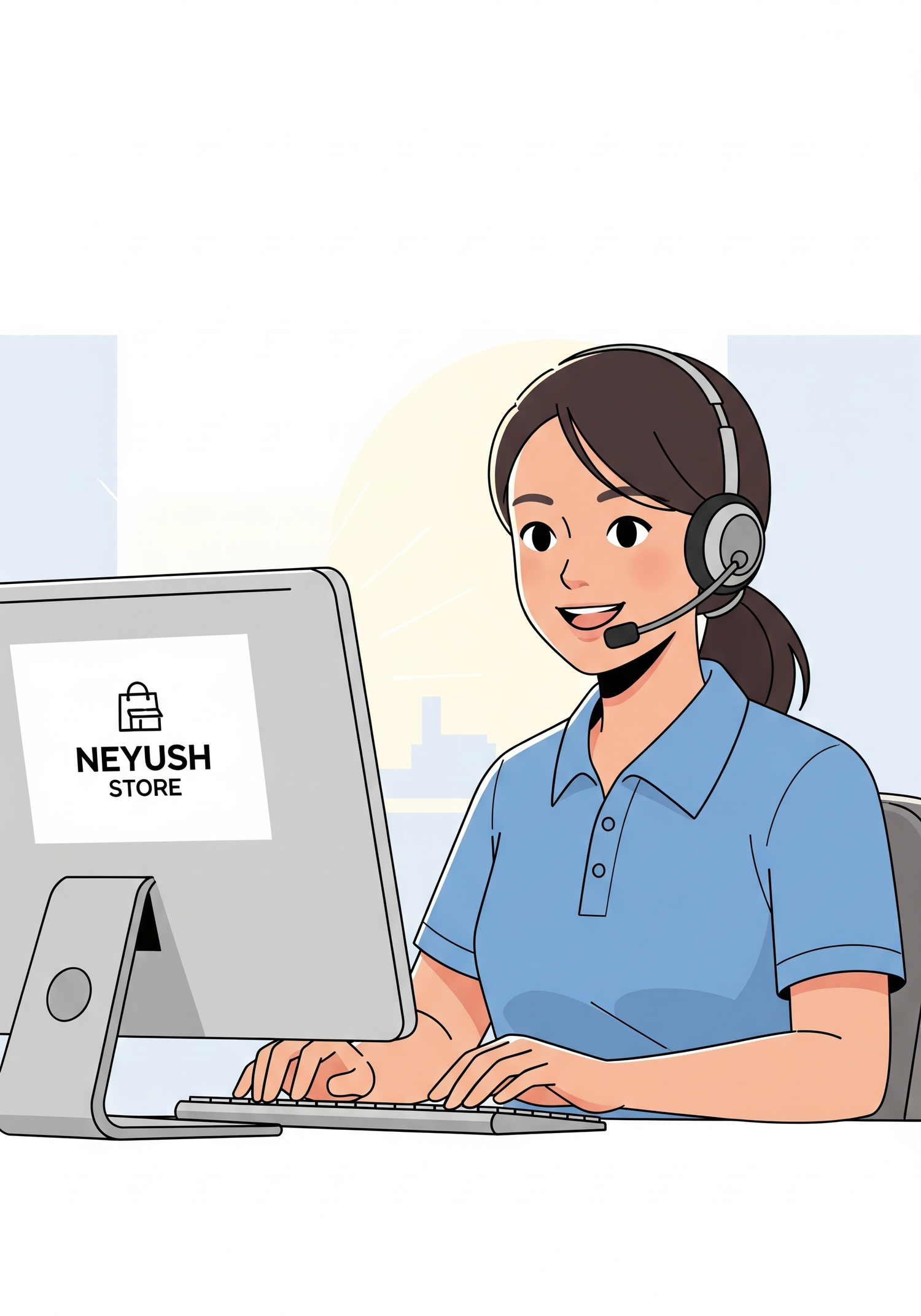 Illustration of a customer service representative with a headset at a computer, with 'NEYUSH STORE' logo on screen.