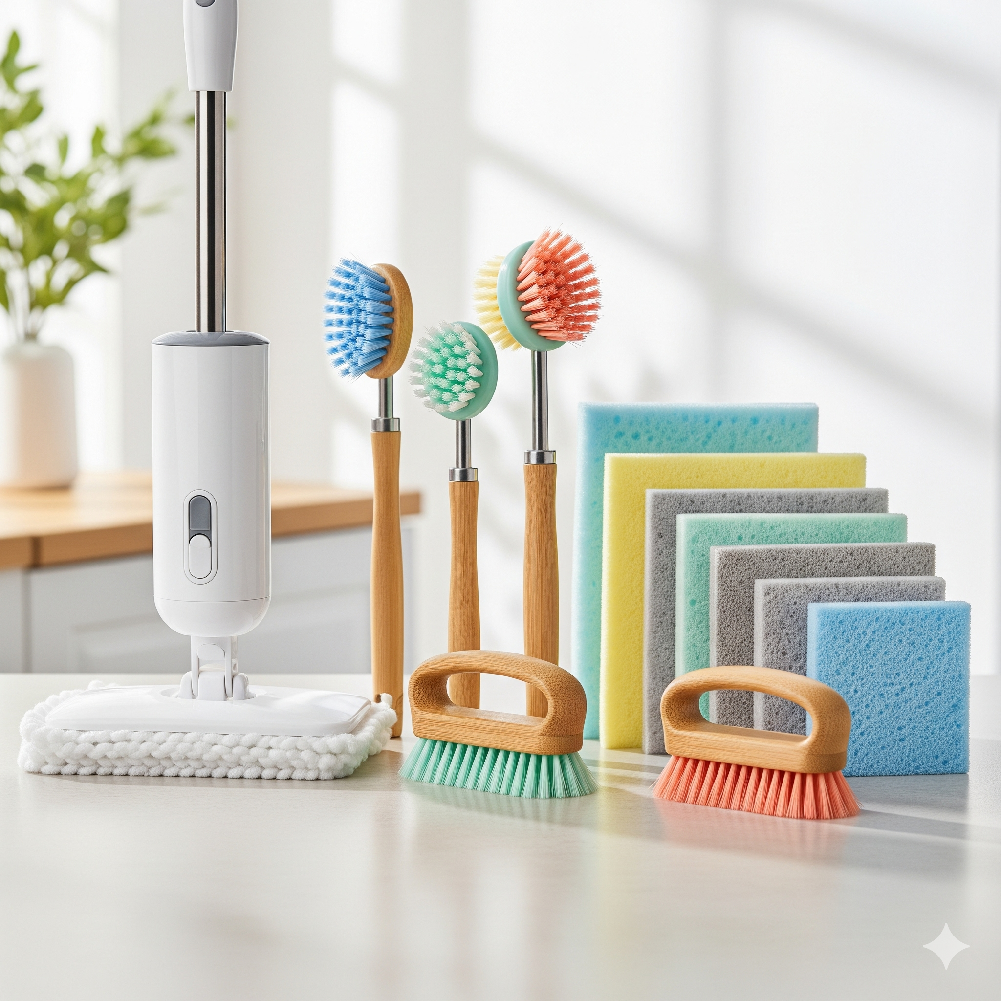 Set of cleaning brushes and sponges on a light surface with a blurred background