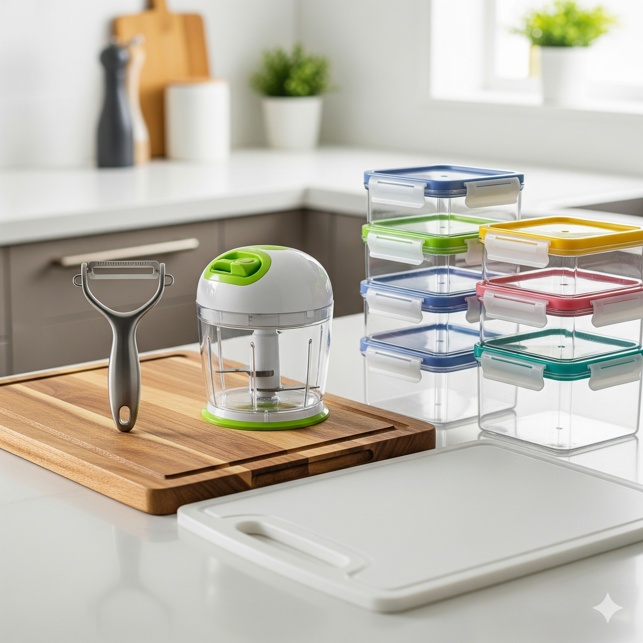 Kitchen setup with a food chopper, cutting board, and stackable storage containers.