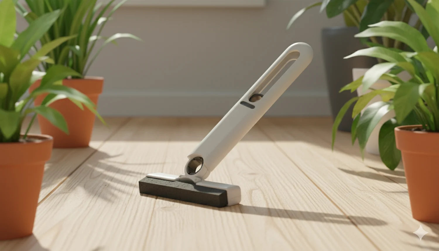 Handheld vacuum cleaner on a wooden floor with potted plants around