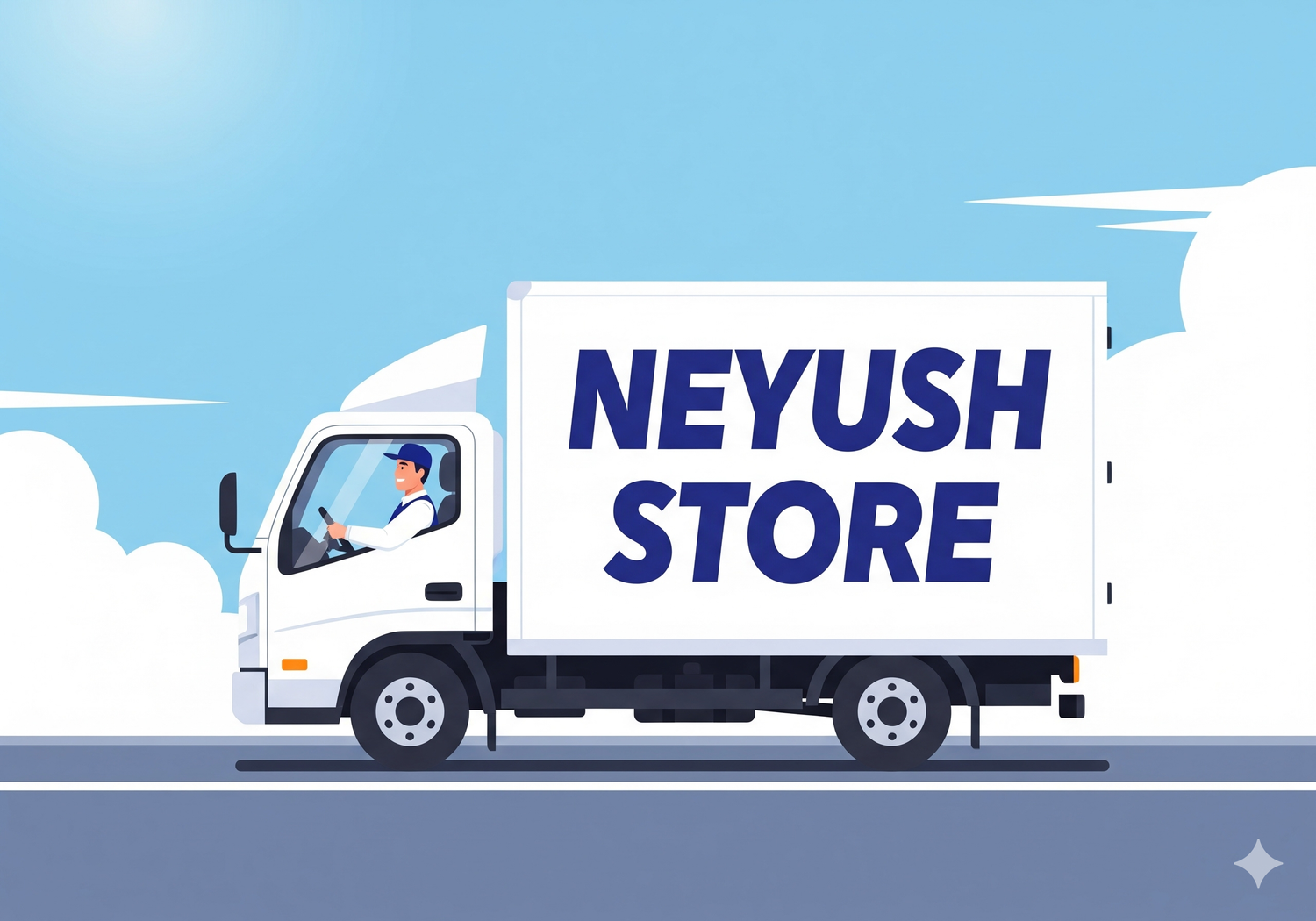 White delivery truck with 'NEYUSH STORE' on a blue sky background