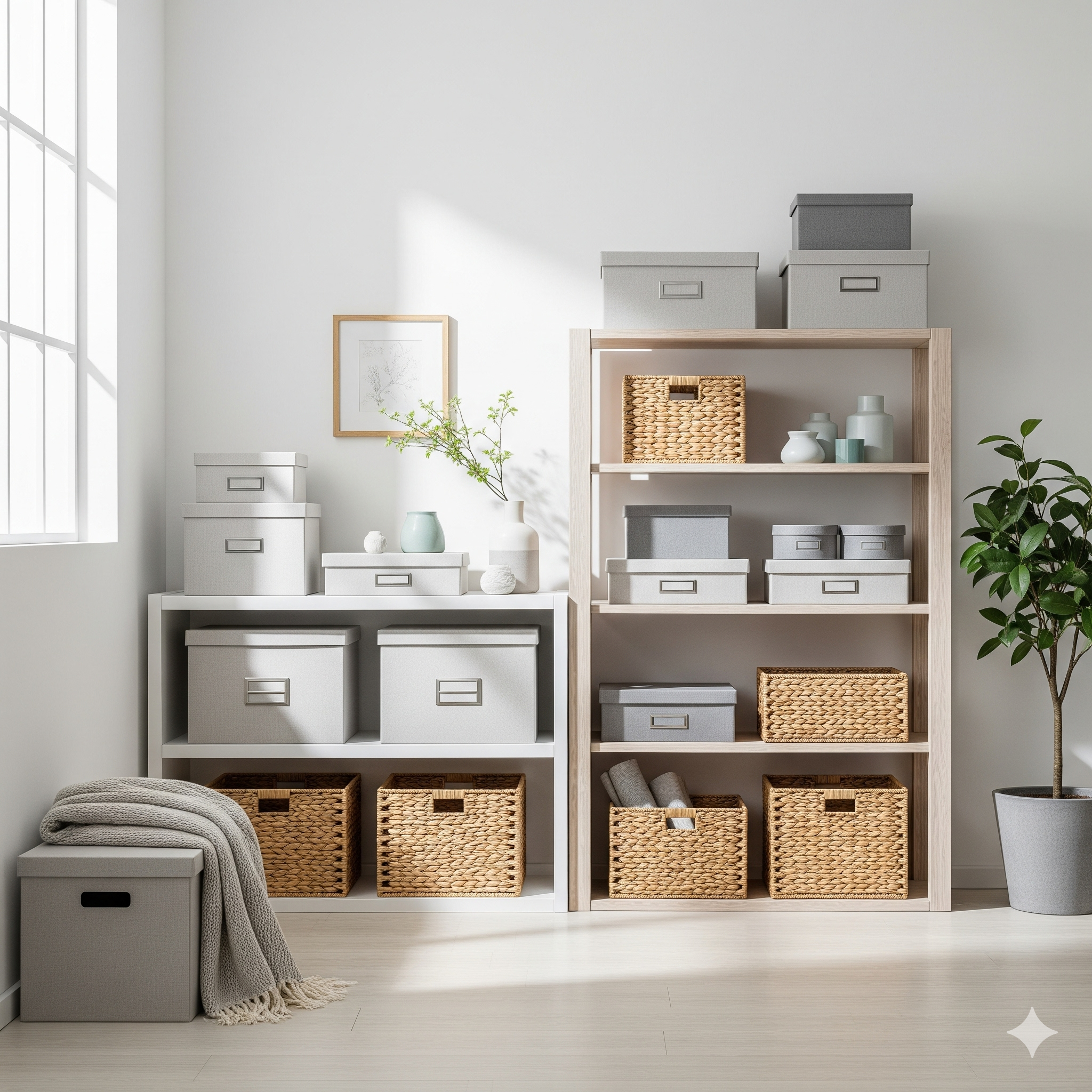 Storage shelves with boxes and baskets in a room with a window and plant.