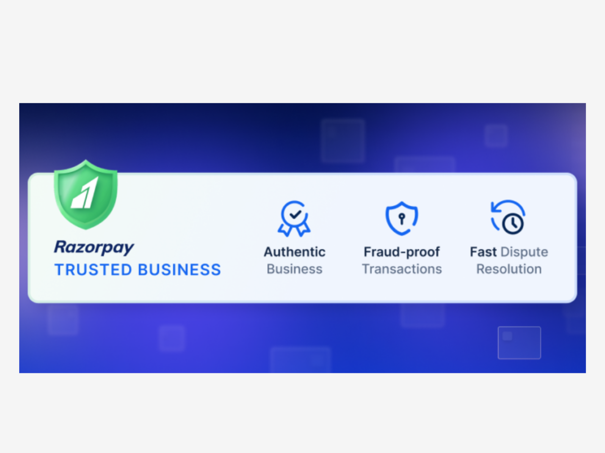 Razorpay Trusted Business feature with icons and text on a blue background